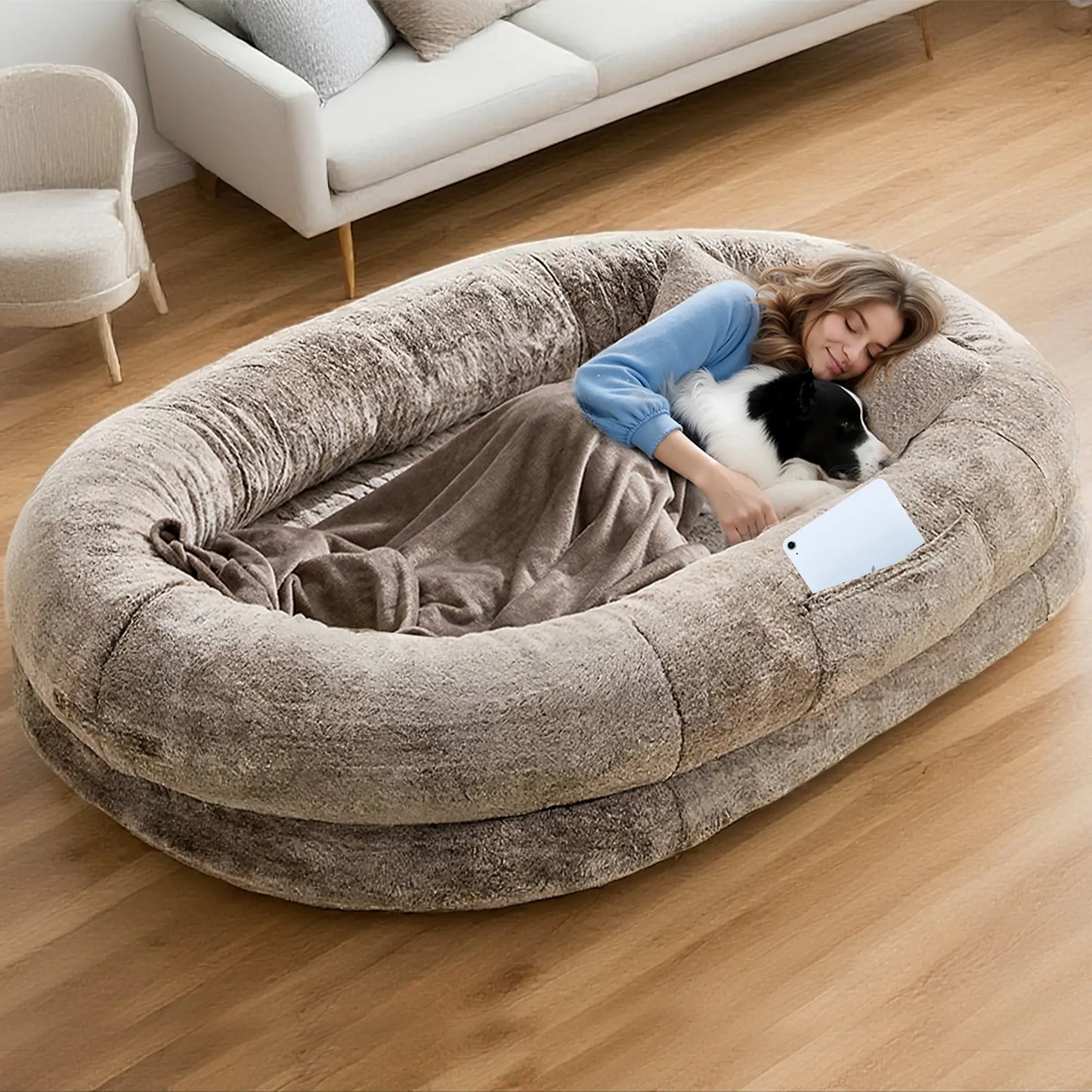 Extra Large Human Dog Bed for Adults & Pets – Cozy Faux Fur Orthopedic Lounger with Pillow & Blanket, Washable Nap Bed, Perfect Gift for Pet Lovers, Ideal for Senior or Disabled Dogs Recovery Coachella-Mothersdaygift Tiktokshopspringglowup