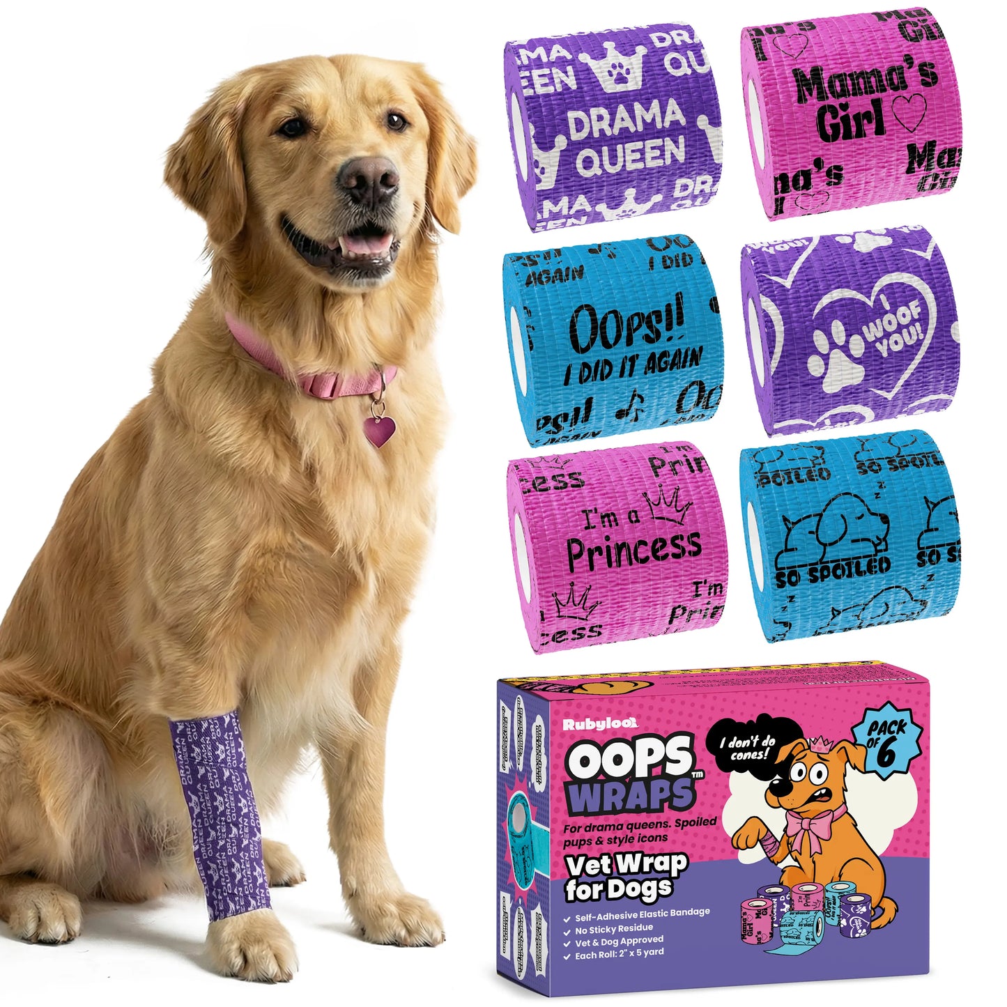 Non-Stick Bandage Wrap for Dogs – Oops Wraps by Rubyloo - Funny Dog Bandages for Wounds - 2" Self-Adhesive Wrap - Breathable Pet Wrap Bandage for Hot Spots & Injuries