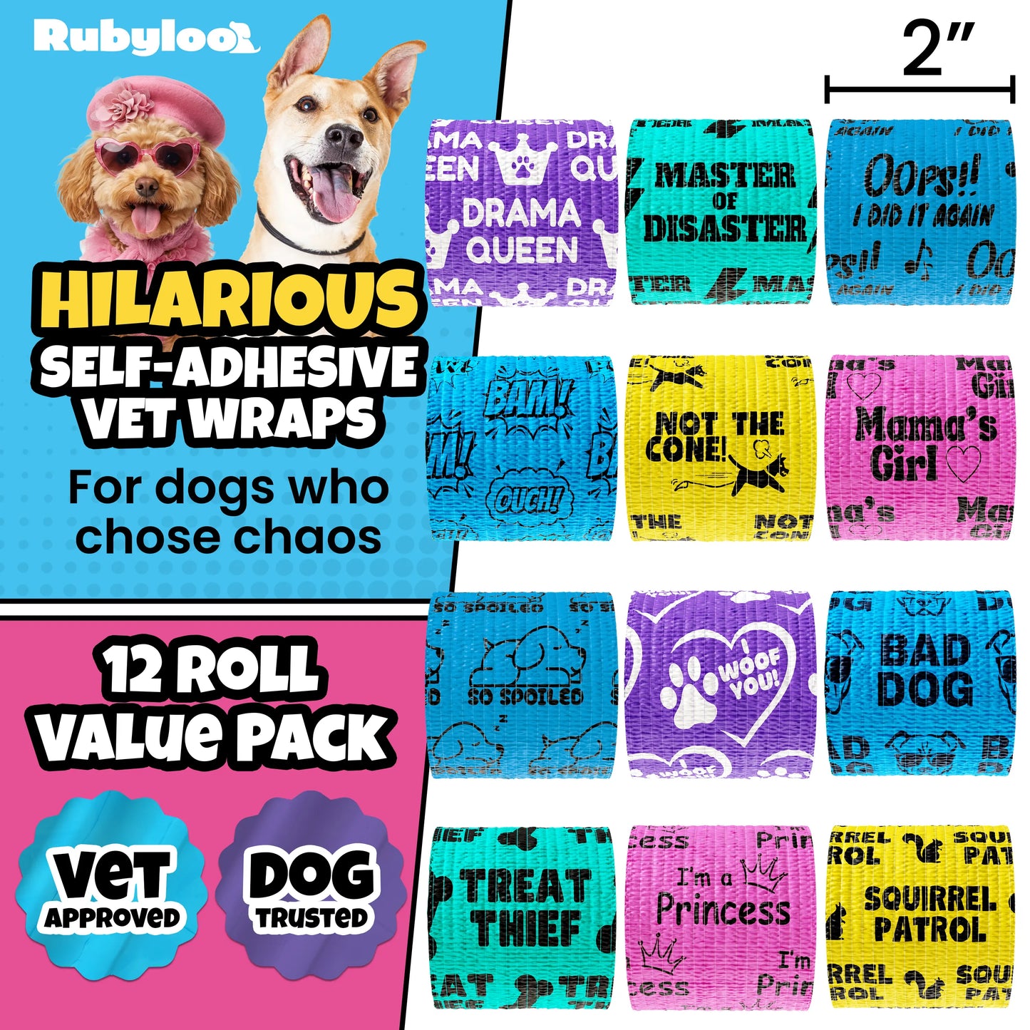 Non-Stick Bandage Wrap for Dogs – Oops Wraps by Rubyloo - Funny Dog Bandages for Wounds - 2" Self-Adhesive Wrap - Breathable Pet Wrap Bandage for Hot Spots & Injuries