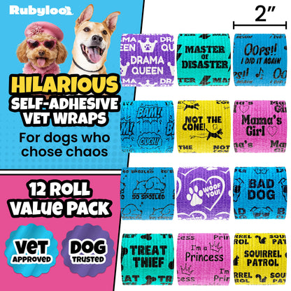 Non-Stick Bandage Wrap for Dogs – Oops Wraps by Rubyloo - Funny Dog Bandages for Wounds - 2" Self-Adhesive Wrap - Breathable Pet Wrap Bandage for Hot Spots & Injuries