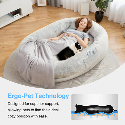 Extra Large Human Dog Bed for Adults & Pets – Cozy Faux Fur Orthopedic Lounger with Pillow & Blanket, Washable Nap Bed, Perfect Gift for Pet Lovers, Ideal for Senior or Disabled Dogs Recovery Coachella-Mothersdaygift Tiktokshopspringglowup