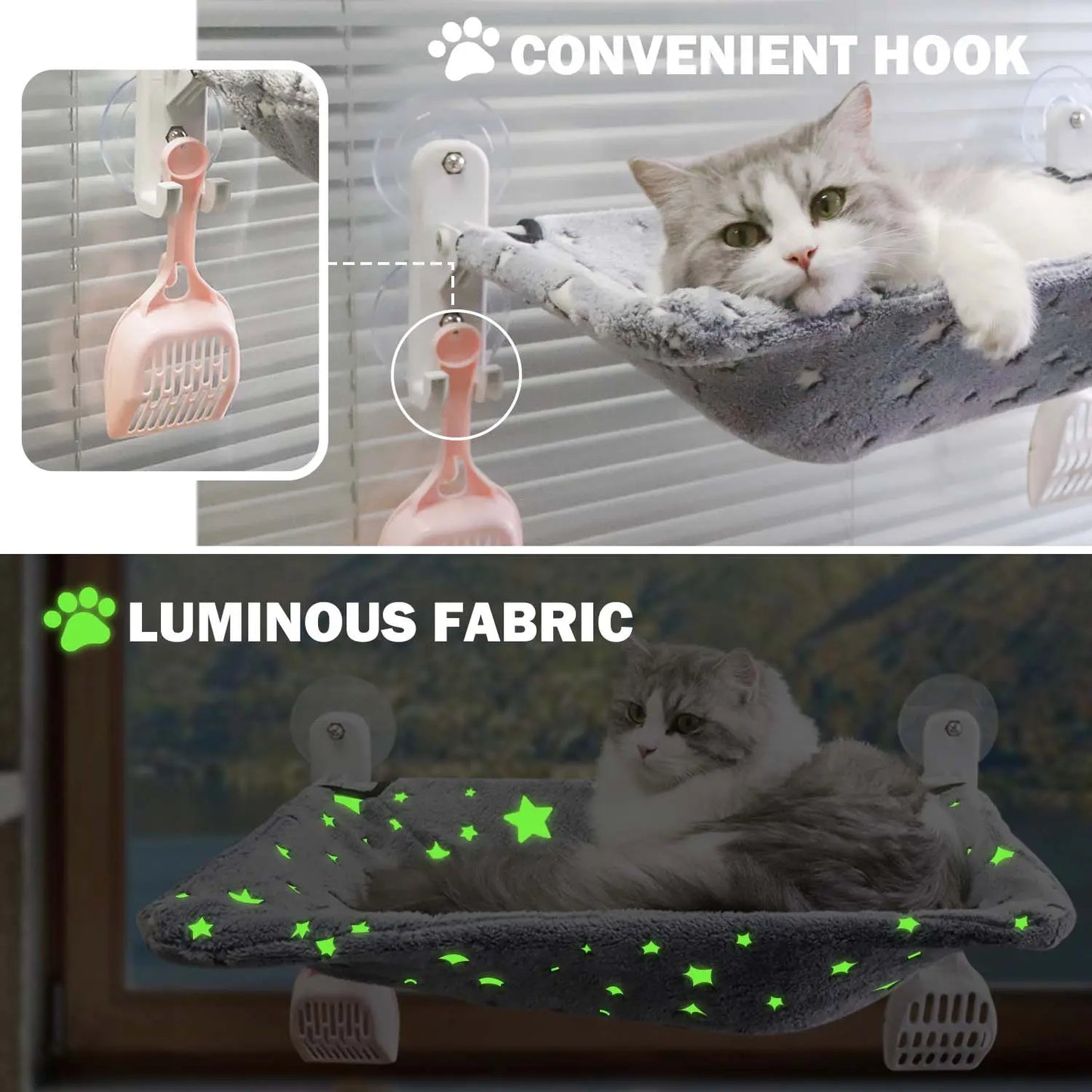 Cat Window Perchfor Large Cats,Glow in the Dark,Hammock with Hook Design Double-Sided Fabric Cover, Foldable Window Seat,Sunbathing