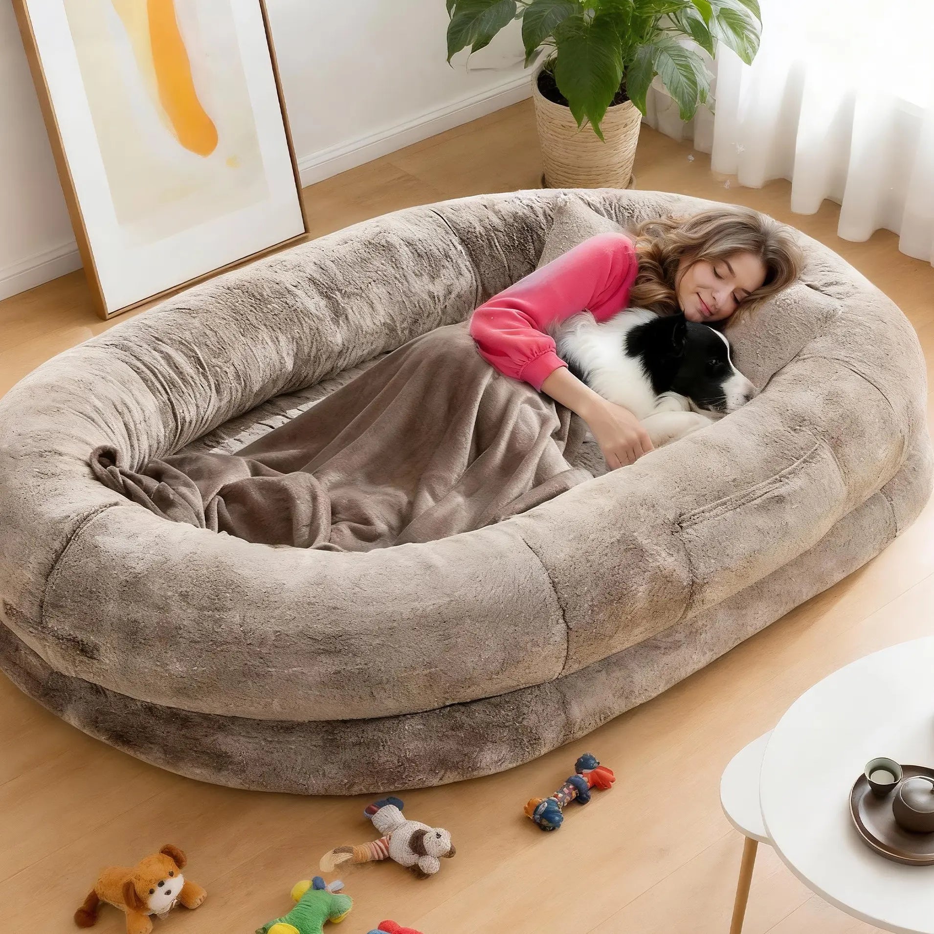 Extra Large Human Dog Bed for Adults & Pets – Cozy Faux Fur Orthopedic Lounger with Pillow & Blanket, Washable Nap Bed, Perfect Gift for Pet Lovers, Ideal for Senior or Disabled Dogs Recovery Coachella-Mothersdaygift Tiktokshopspringglowup