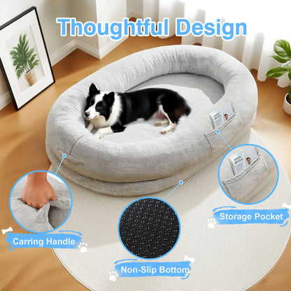 Extra Large Human Dog Bed for Adults & Pets – Cozy Faux Fur Orthopedic Lounger with Pillow & Blanket, Washable Nap Bed, Perfect Gift for Pet Lovers, Ideal for Senior or Disabled Dogs Recovery Coachella-Mothersdaygift Tiktokshopspringglowup