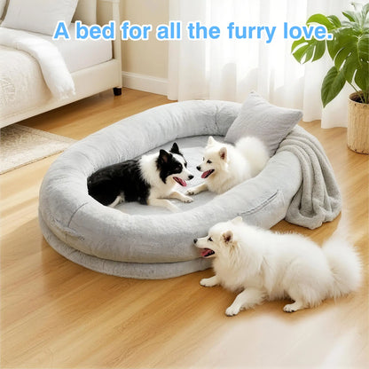 Extra Large Human Dog Bed for Adults & Pets – Cozy Faux Fur Orthopedic Lounger with Pillow & Blanket, Washable Nap Bed, Perfect Gift for Pet Lovers, Ideal for Senior or Disabled Dogs Recovery Coachella-Mothersdaygift Tiktokshopspringglowup