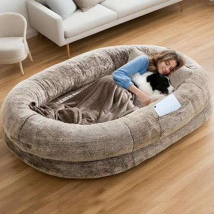 Extra Large Human Dog Bed for Adults & Pets – Cozy Faux Fur Orthopedic Lounger with Pillow & Blanket, Washable Nap Bed, Perfect Gift for Pet Lovers, Ideal for Senior or Disabled Dogs Recovery Coachella-Mothersdaygift Tiktokshopspringglowup