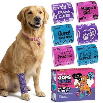 Non-Stick Bandage Wrap for Dogs – Oops Wraps by Rubyloo - Funny Dog Bandages for Wounds - 2" Self-Adhesive Wrap - Breathable Pet Wrap Bandage for Hot Spots & Injuries