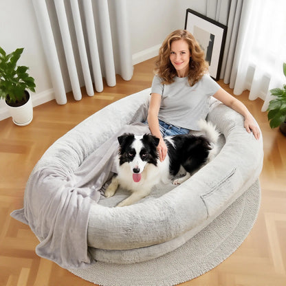 Extra Large Human Dog Bed for Adults & Pets – Cozy Faux Fur Orthopedic Lounger with Pillow & Blanket, Washable Nap Bed, Perfect Gift for Pet Lovers, Ideal for Senior or Disabled Dogs Recovery Coachella-Mothersdaygift Tiktokshopspringglowup