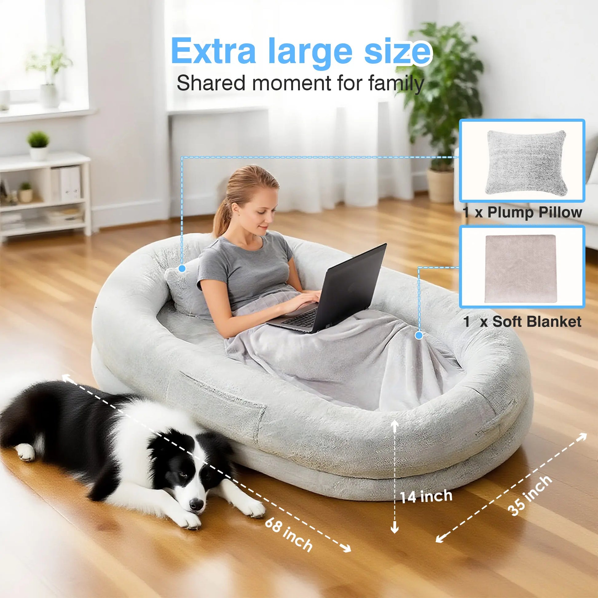 Extra Large Human Dog Bed for Adults & Pets – Cozy Faux Fur Orthopedic Lounger with Pillow & Blanket, Washable Nap Bed, Perfect Gift for Pet Lovers, Ideal for Senior or Disabled Dogs Recovery Coachella-Mothersdaygift Tiktokshopspringglowup